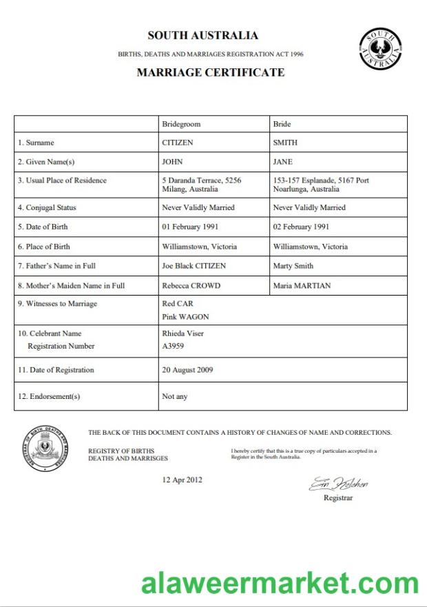 Australia South Australia marriage certificate template in Word